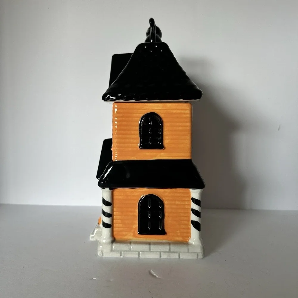 Jack Lantern Lane Haunted House Ghost Cat Halloween Ceramic Cookie Jar